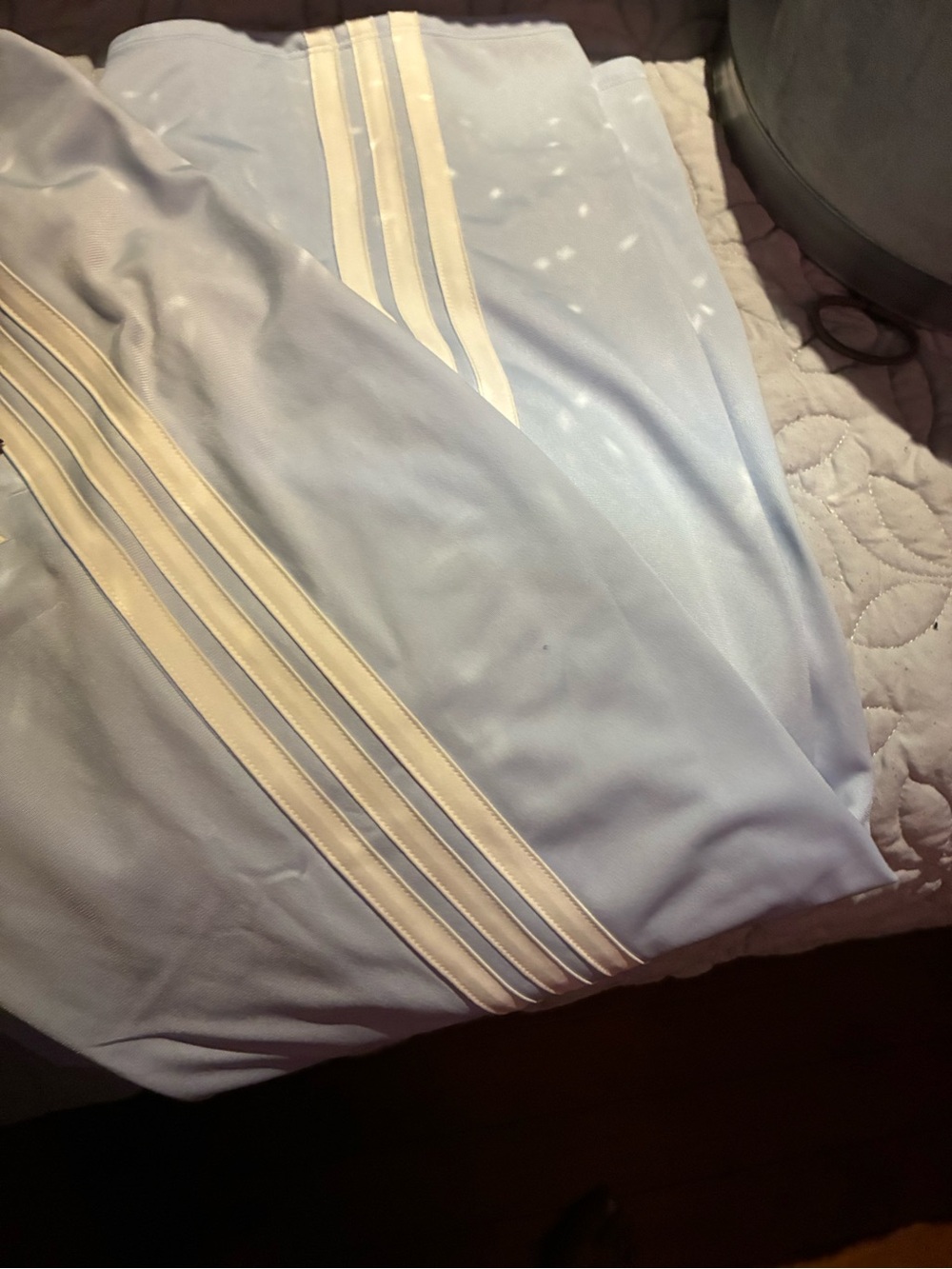 adidas Light Blue Wide-Leg Tricot Pants with Cream Stripes